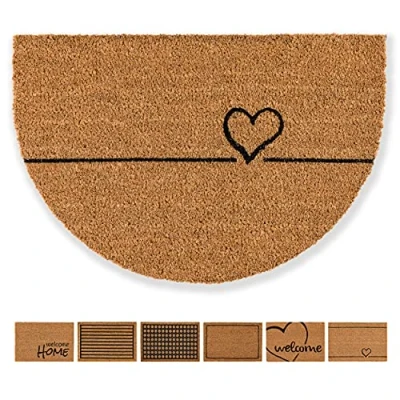 Afbeelding van Voetmat kokos hart lijnen design halfrond schoonloop 40 x 60 cm deurmat binnen antibacteriële kokosmat natuurlijk materiaa