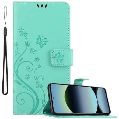 Afbeelding van Cadorabo Hoesje geschikt voor Xiaomi RedMi Note 14 4G in BLOEMEN TURKOOIS Beschermhoes bloemmotief met magnetische sluiting, standfunctie en kaartsleuven Book Case Cover Etui