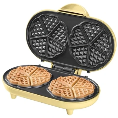 Afbeelding van Bestron dubbel Wafelijzer voor klassieke hartwafels, Wafelmaker met antiaanbaklaag &amp; indicatielampje, 1000 watt, kleur: Geel