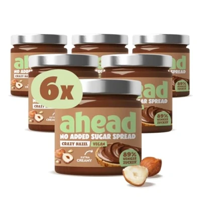Afbeelding van ahead Crazy Hazel Vegan 6 x 200 g hazelnootcrème zonder toegevoegde suiker super lekkere chocoladepasta met 80% minder palmolievrij, glutenvrij crème