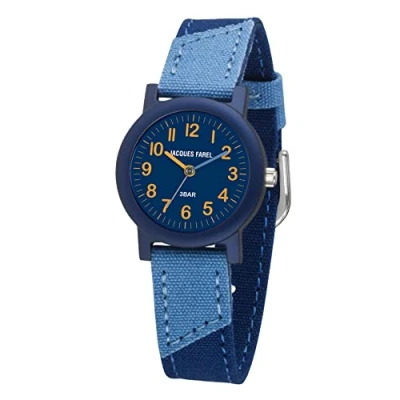 Afbeelding van JACQUES FAREL Öko ORG 1467 Analoog kwartshorloge voor kinderen, met armband van biologisch katoen, donkerblauw, lichtblauw, duurzaam, Blauw, bandjes, Riemen