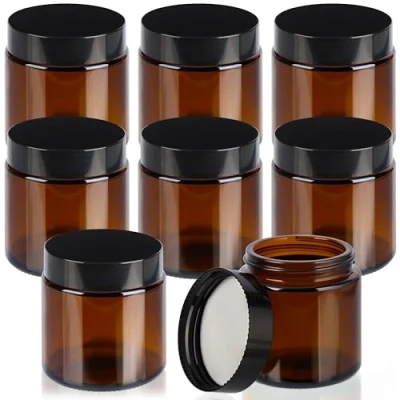 Afbeelding van Belle Vous 8 stuks ronde amberkleurige glazen potten en zwarte schroefdeksels 120 ml lege navulbare lekvrije containers/potten voor cosmetische opslag, lotion, gezichtscrème, etherische oliën,