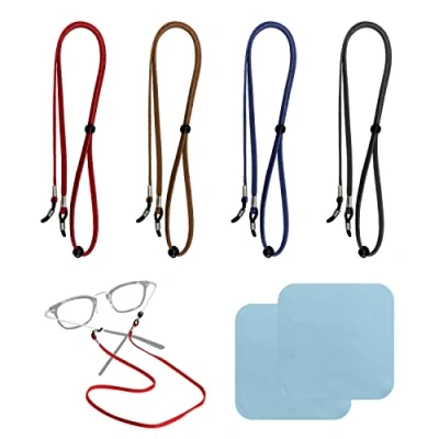 Afbeelding van Set van 4 ophangtouwen voor glazen met 2 brillenpoetsdoeken, presbypische accessoires, brillenhouder, verstelbaar brillenkoord, sportbrillenkoord, uniseks, geschikt, zwart, rood, donkerblauw,