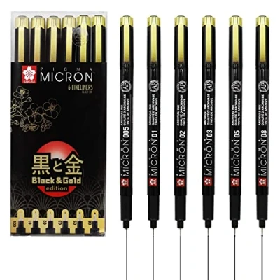 Afbeelding van Sakura Pigma Micron Fineliners Black and Gold Edition, 005/01/02/03/05/08, zwart, 6 stuks