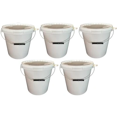 Afbeelding van Set van 5 emmers 15 liter met wit deksel, stapelbare melkemmer/opslag, honingemmer, kunststof emmer levensmiddelengoedkeuring, voedselveilige containers, lege voor