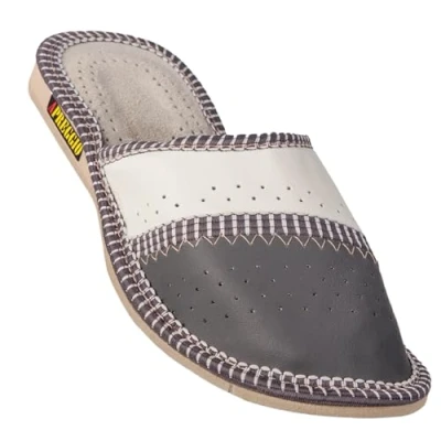 Afbeelding van APREGGIO Pantoffels voor dames, leer, rubberen zool, gesloten teen, comfortabel, zacht, 100% natuurlijk product, handgemaakt, grijs.