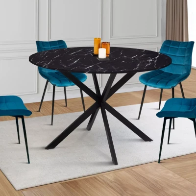 Afbeelding van ALASKA 4 6 persoons ronde eettafel met zwart marmereffect en metalen spinpoot 110 cm