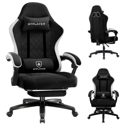 Afbeelding van GTPLAYER Ergonomische gamingstoel met stoffen oppervlak, veerkussen, verbindingsarmleuningen en voetensteun, donkerzwart