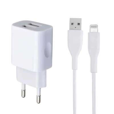 Afbeelding van MUTTO Universele wandlader van 5 V 2 A / 10 W met USB poorten + datakabel PVC 2.0 Lightning 1 meter wit, compatibel iPhone