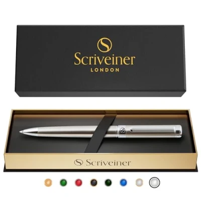 Afbeelding van Scriveiner Balpen van roestvrij staal, prachtige luxe pen met roestvrijstalen afwerking, zwarte Schmidt, beste geschenkdoos voor mannen en vrouwen, professioneel, richting