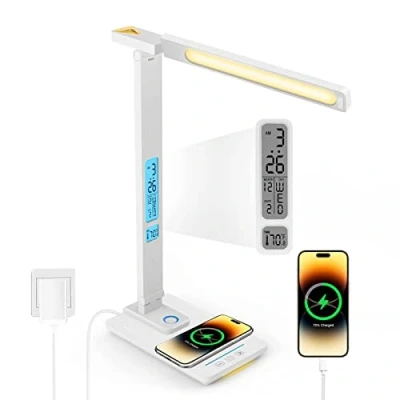 Afbeelding van LAOPAO Led bureaulamp, dimbaar, met functie, oplaadklok, tafellamp, nachtlampje, draadloze oplader, 10 W, USB oplaadpoort, opvouwbare bureaulamp