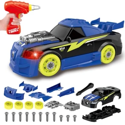 Afbeelding van Pup Go Buiten de auto racen sport voor kinderen vanaf 3 jaar, 26 stuks met simulatie elektrische boormachine, realistisch geluid en led, bouw je speelgoedauto, beste cadeaus jongens (blauw)