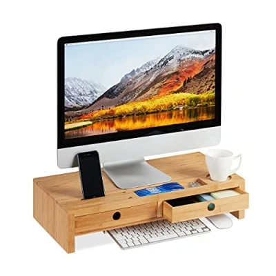 Afbeelding van Relaxdays Monitor standaard bamboe monitorverhoger beeldschermverhoger 2 opberglad