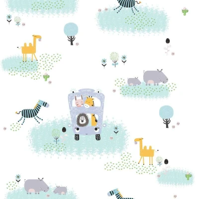 Afbeelding van DIEREN OP SAFARI BEHANG Kinderkamer bont groen grijs geel wit A.S. Création Little Love