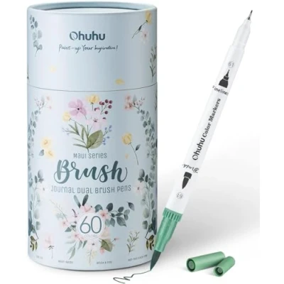 Afbeelding van Ohuhu Viltstift voor volwassenen, 60 aquarelkleuren, viltstiften, dubbele punt en penseel kalligrafie, mandala, tekenen, kleurstof, Maui, witte doos