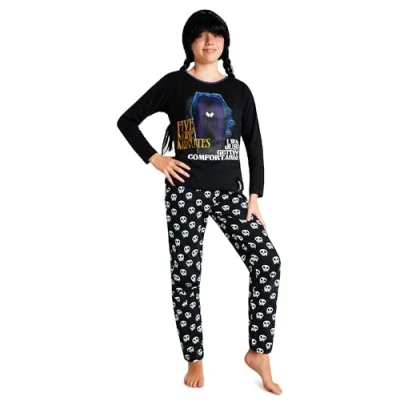 Afbeelding van Wednesday Pyjama voor meisjes, Addams, pyjamaset katoen, nachtkleding kinderen, jongeren, 7 16 jaar, zwart/schedel