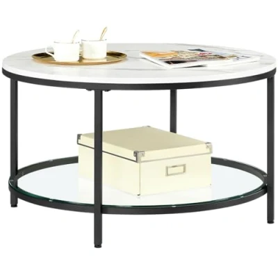 Afbeelding van VASAGLE Salontafel met glasplaat en grote opbergruimte, voor woonkamer, bank, eenvoudige montage, moderne stijl, marmerwit inktzwart LCT071B13