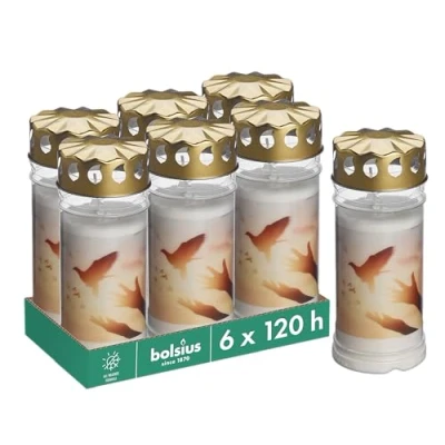 Afbeelding van Bolsius Grafkaarsen, 6 stuks, wit, brandlengte 120 uur, condoleancekaars, gedenkkaars, met motief, duif, ongeparfumeerd, palmolievrij, nr. 5