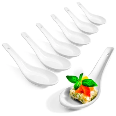 Afbeelding van COM FOUR® 6 x Aziatische rijstlepels, soeplepels en serveerlepels van wit porselein, bijvoorbeeld voor rijstkommen of voorgerechten (6 stuks wit)