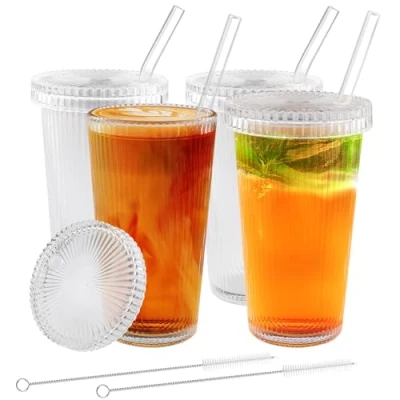 Afbeelding van Shodiffy Set van 4 drinkglazen met deksel en rietje, 375 ml, cocktailglazen, matcha glazen, bubbelglazen voor water, cocktails, ijskoffie, ijsthee frisdrank