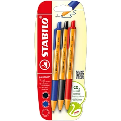 Afbeelding van Balpen STABILO pointball blisterverpakking met 3 navulbare balpennen zwart/blauw/rood