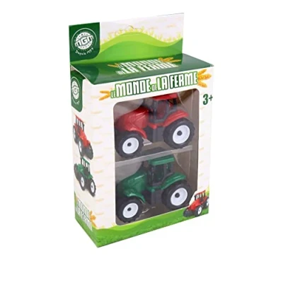 Afbeelding van Boerderijwereld 2 tractoren boerderij 025111 1/60 vrijwielen groen en rood kunststof speelgoed voor kinderen landbouw voertuig vanaf 3 jaar