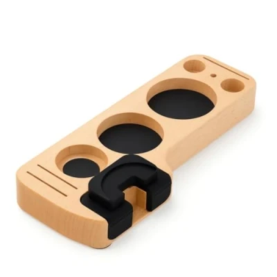 Afbeelding van VIENESSO Houten tamperstation voor de barista, elegant drukstation filterhouder (51 58 mm), bufferstation en barista accessoirebak (lichtbruin)