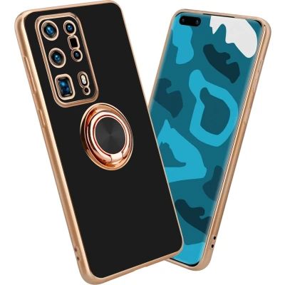 Afbeelding van Cadorabo Hoesje geschikt voor Huawei P40 PRO+ in Glossy Zwart Goud met ring Beschermhoes van flexibel TPU silicone Case Cover camerabescherming en magnetische autohouder