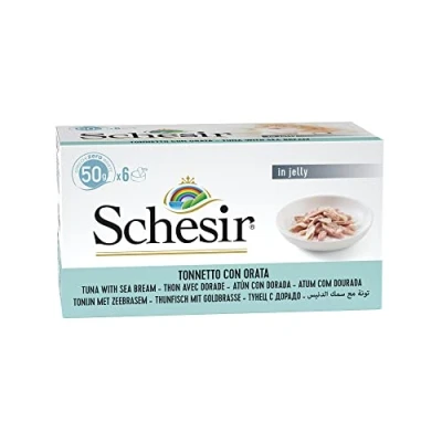 Afbeelding van Schesir Cat Jelly Tonijn met zeebrasem nat kattenvoer in gelei 1 x 6 blikjes 50 g