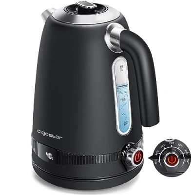Afbeelding van Aigostar Loki 30UGR Elektrische Waterkoker met temperatuursregeling Retro Instelbare Temperatuur RVS 1.7L Zwart