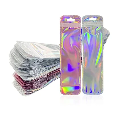 Afbeelding van Opbergzakken, 100 stuks, holografische verpakkingszakken, aluminiumfoliezakken, hersluitbare en hitteverzegelde ziplock zakken voor het bewaren van levensmiddelen (5,5 x 22 cm).