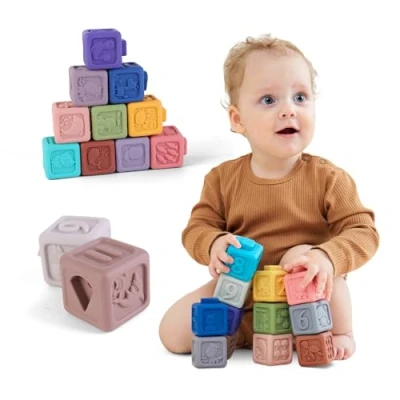 Image de Superbe Jeux Montessori Bébé Et Enfants 6 Mois Plus Jouet Bebe 1 an 2 3 Ans en Silicone 12 Cubes D&#039;activité Sensoriel pour Apprentissage Dentition Cadeau Naissance Noel