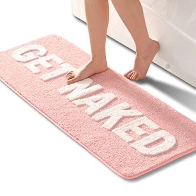Afbeelding van QJHOMO Badmat, roze en wit, schattig, antislip, wasbaar, grappig, zacht, microvezel, absorberend, voor badkamer, 45 x 120 cm