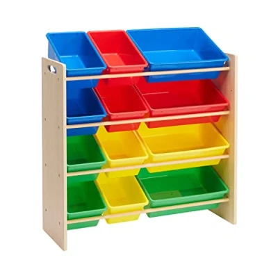 Afbeelding van Amazon Basics Speelgoedopslag met 12 kunststof bakken, natuurlijk hout en kleurrijke 27,7 x 85,3 79,0 cm (d b h)