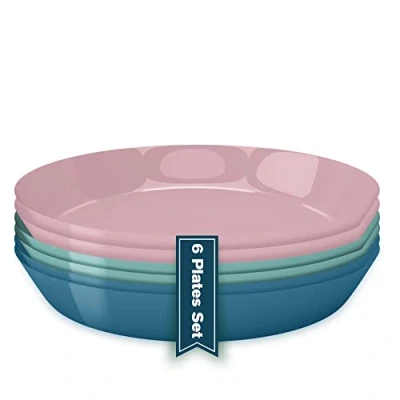 Afbeelding van Herbruikbare kunststof borden (6 stuks), herbruikbaar servies van hard plastic, diepe picknickborden, geschikt voor magnetron kinderen en volwassenen (licht)