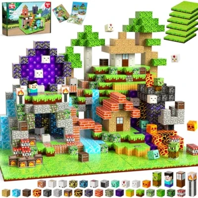 Afbeelding van GraceDuck magnetische bouwstenen, 150 delig, bosset met 6 grastegels, kubus voor jongens en meisjes vanaf 3 jaar, Montessori blokken, creatief cadeau kinderen