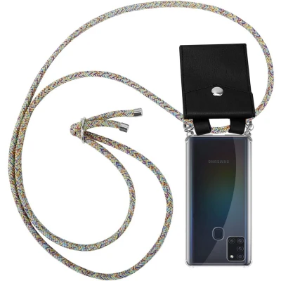 Afbeelding van Cadorabo Hoesje geschikt voor Samsung Galaxy A21s in REGENBOOG Silicone Mobiele telefoon ketting beschermhoes met zilveren ringen, koordriem en afneembaar etui