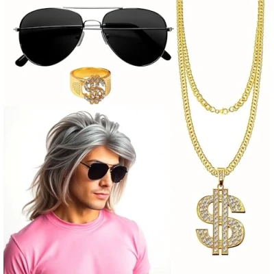 Afbeelding van 4 in 1 muiltjes set met assi pruik, gouden ketting, bril voor carnaval en jaren 80 90