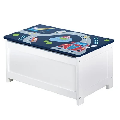 Afbeelding van roba Rennfahrer Speelgoedbank voor kinderen, van hout, opbergbank, zachte sluiting, wit/blauw