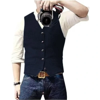 Afbeelding van Solovedress Casual wollen visgraatvest voor heren, V hals, tweed vest bruiloft, Donker marineblauw