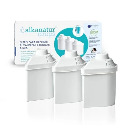 Afbeelding van Alkanatur Drops Set van 3 milieuvriendelijke filters, alkalische zuivering waterstofionisatie, verwijdert chloor, zware metalen en pesticiden voegt magnesium pH 9 toe gecertificeerd