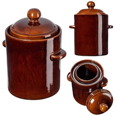 Afbeelding van KADAX Steenpot van aardewerk, dichte keramische pot, met deksel, vaatwasmachinebestendig, handgemaakt, voor komkommers en zuurkool, bruin, 10 liter
