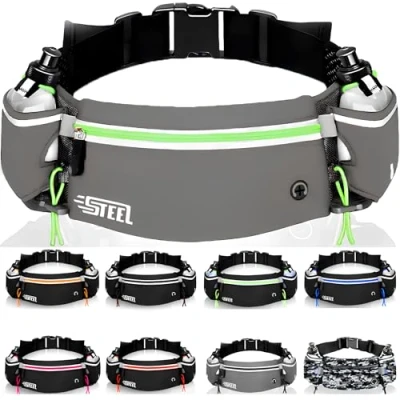 Afbeelding van Ceinture Running Course à Pied, Sac Banane Sport Belt avec Gourde Souple Porte Bidon Poche Etanche Homme Femme pour Smartphone iPhone Samsung Galaxy, Confortable Jogging ((Gris (Vert)))
