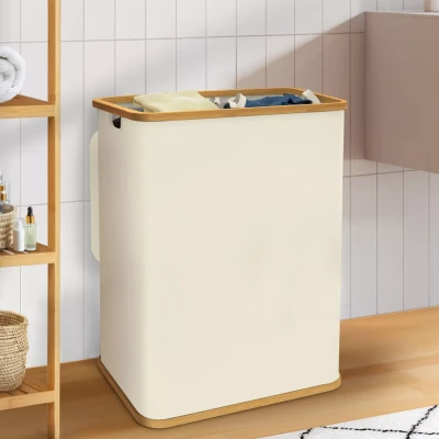 Afbeelding van Wasmand 2 uitneembare bamboe bakken RITA stof ecru 140 L