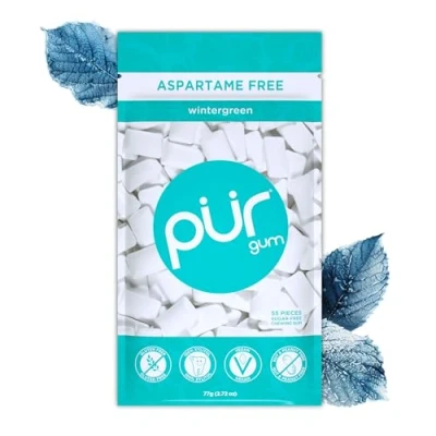Afbeelding van PUR gum Kauwgom zonder suiker 100% xylitol Veganistisch, aspartaamvrij en glutenvrij Natuurlijke met wintergroene smaak, 55 stuks (1 stuk)