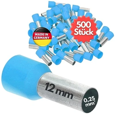 Afbeelding van 500 stuks Kalitec AE02512HBL adereindhulzen geïsoleerd 0,25 mm² 12 mm lang lichtblauw I Made in Germany Industriële kwaliteit