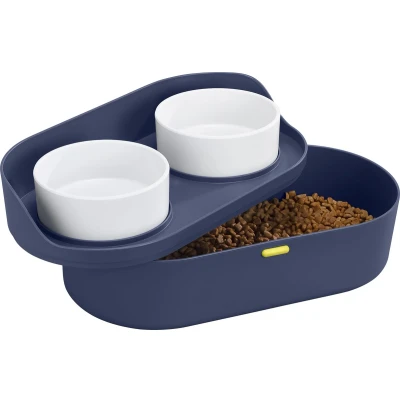 Afbeelding van Navaris verhoogde Voerbak set met standaard 2 melamine voerbakken incl. houder opslagruimte voor voer kat hond blauw