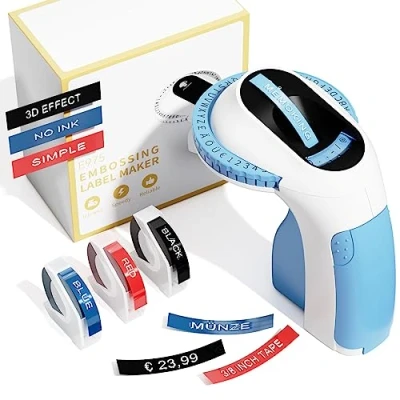 Afbeelding van Memoking E975 Zelfklevende labelmachine met 3 rollen embossingtape, 3D labelprinter reliëf, draagbare voor organisatie, doe het zelf