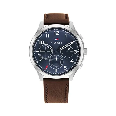Afbeelding van Tommy Hilfiger Analoog kwartshorloge voor heren met roestvrijstalen mesh armband, Marine., De stijl van het horloge kan zijn ronde vorm en leren band &quot;klassiek&quot; worden genoemd. blauwe