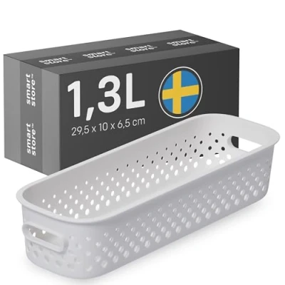 Afbeelding van SmartStore Opbergmand, dun, 1,3 l, voor keuken, badkamer, kantoor, speelgoed, afvalemmer met handgrepen, insteekbaar, 29,5 x 10 6,5 cm (l b h)